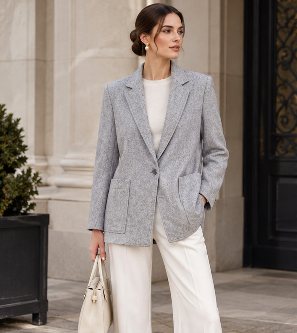 Jenni Kayne Wool-Blend Single-Button Blazer Sz M Gray Tailored Jacket Quiet Luxu